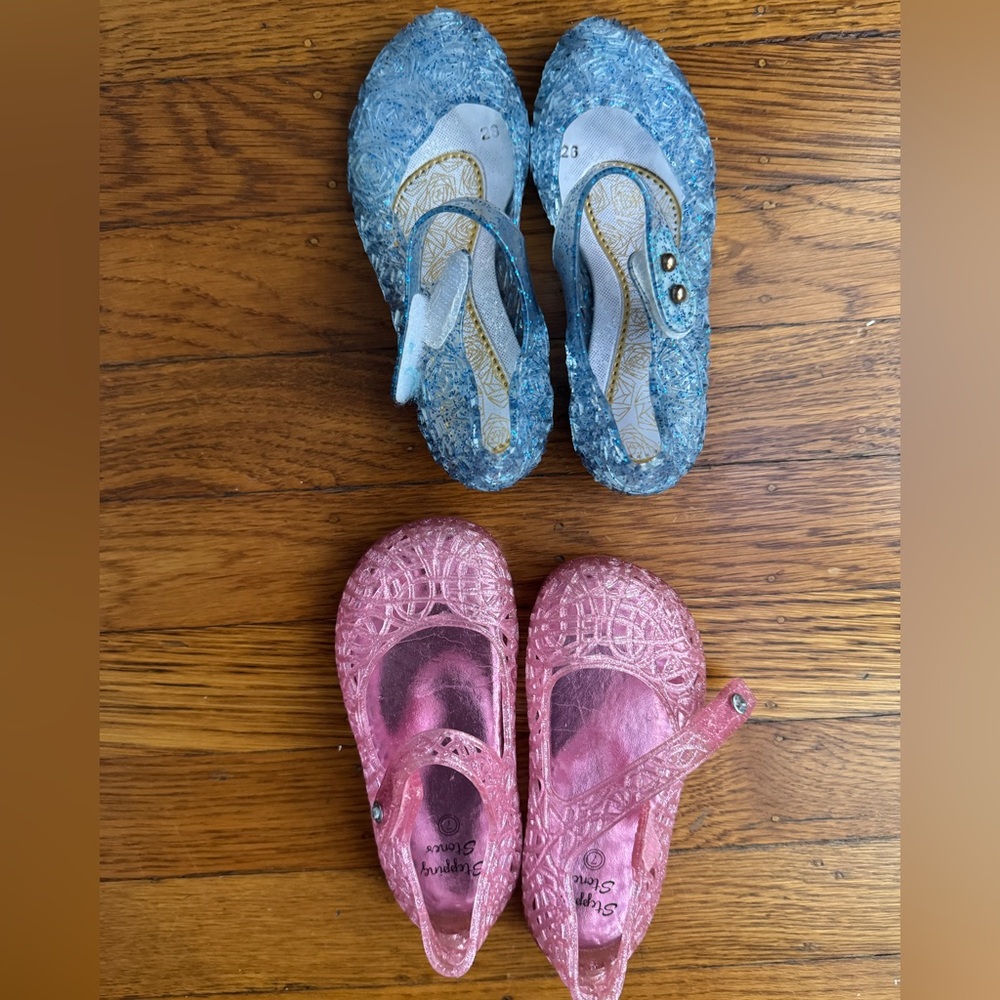 Two Pairs Sparkly Blue and Pink Kids Jelly Shoes Size 7 Stepping Stones Sandals